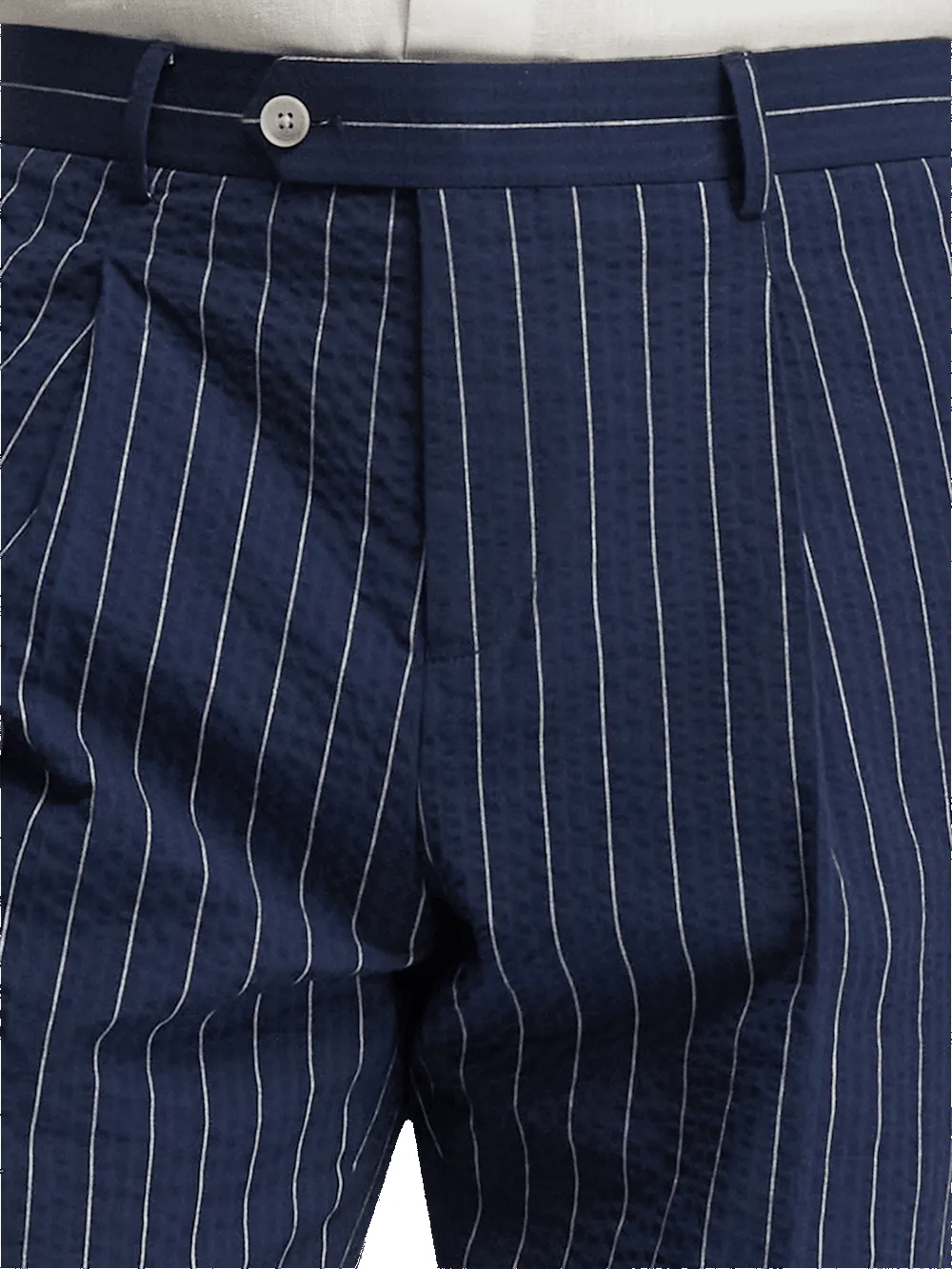 Cotton Stretch Pinstripe Seersucker Single Pleat Suit Pants - Navy sold by Paul Fredrick product image thumbnail 3