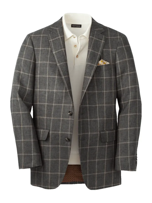 Linen Windowpane Single Breasted Notch Lapel Sport Coat - Charcoal sold by Paul Fredrick