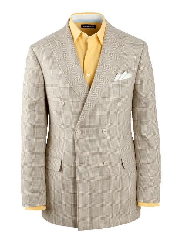Linen Blend Plaid Double Breasted Peak Lapel Suit Jacket - Tan sold by Paul Fredrick