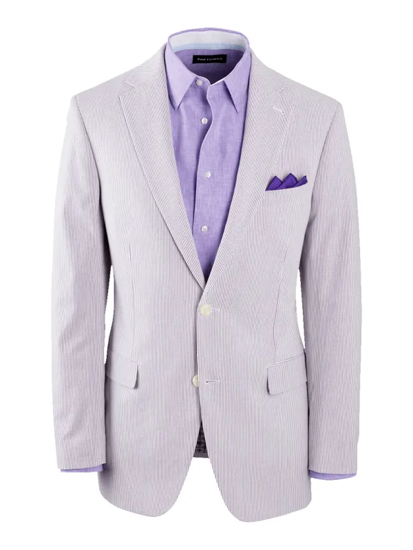 Cotton Stretch Stripe Seersucker Single Breasted Notch Lapel Suit Jacket - Purple/white sold by Paul Fredrick