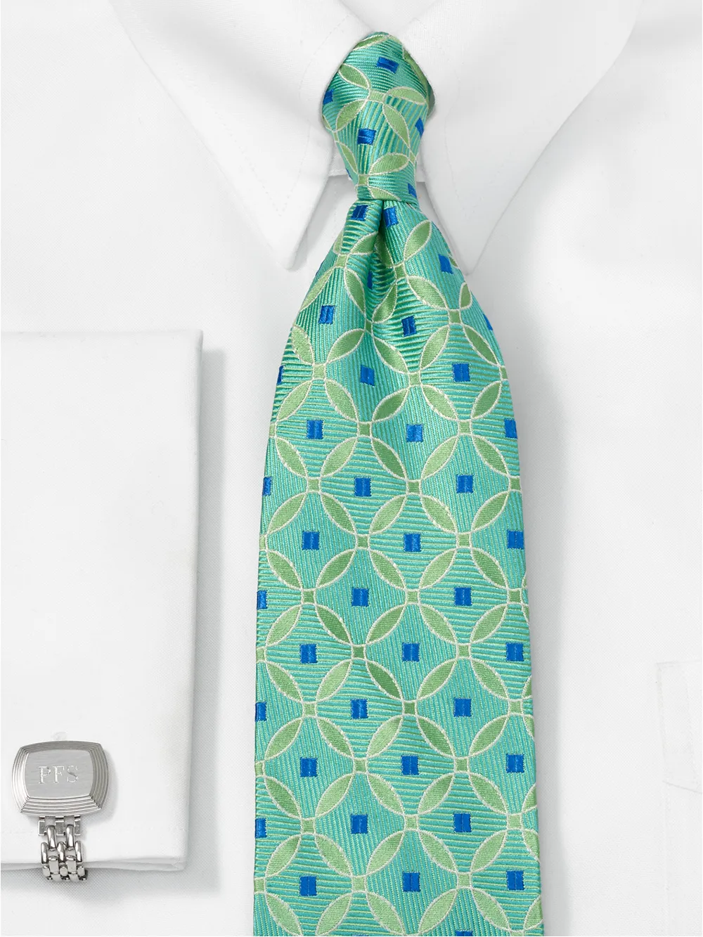 Geometric Woven Silk Tie - Green/blue sold by Paul Fredrick product image thumbnail 2