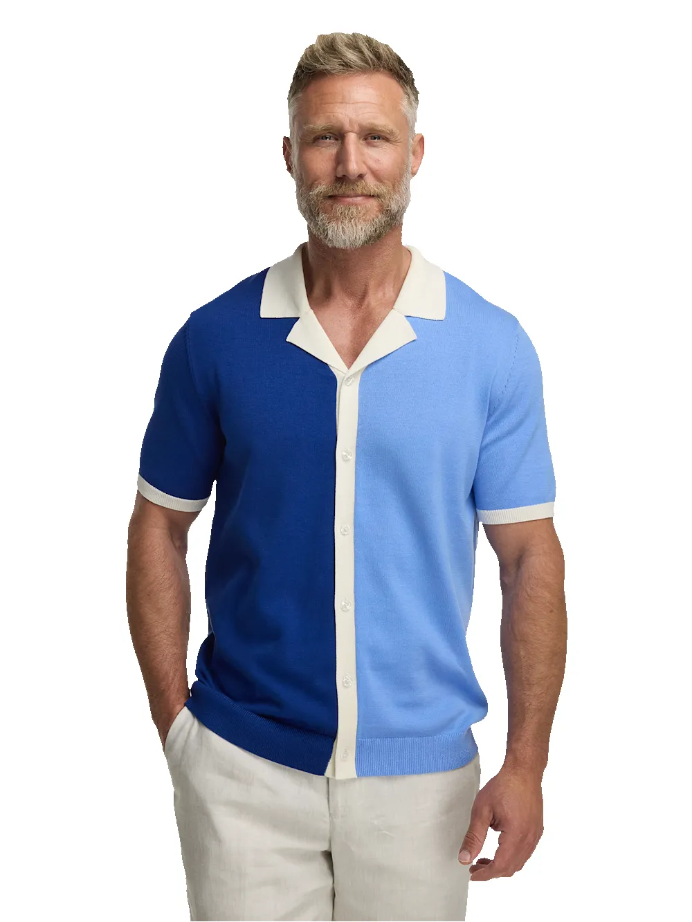 Cotton Button Front Camp Collar Sweater - Blue sold by Paul Fredrick product image thumbnail 2