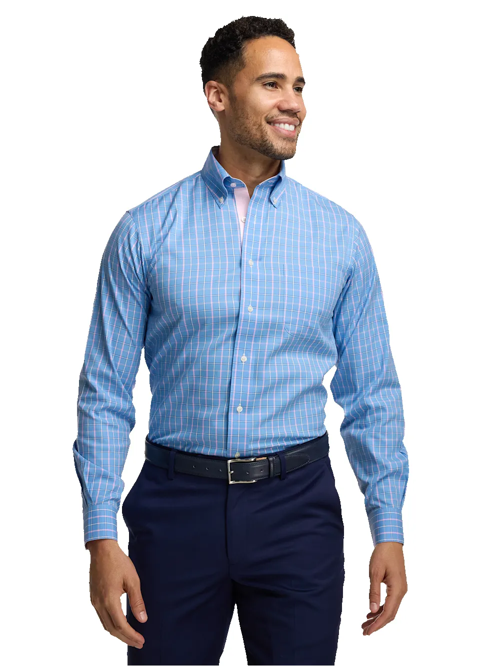 Comfort Stretch Non-Iron Check Dress Shirt With Contrast Trim - Blue/pink sold by Paul Fredrick product image thumbnail 2