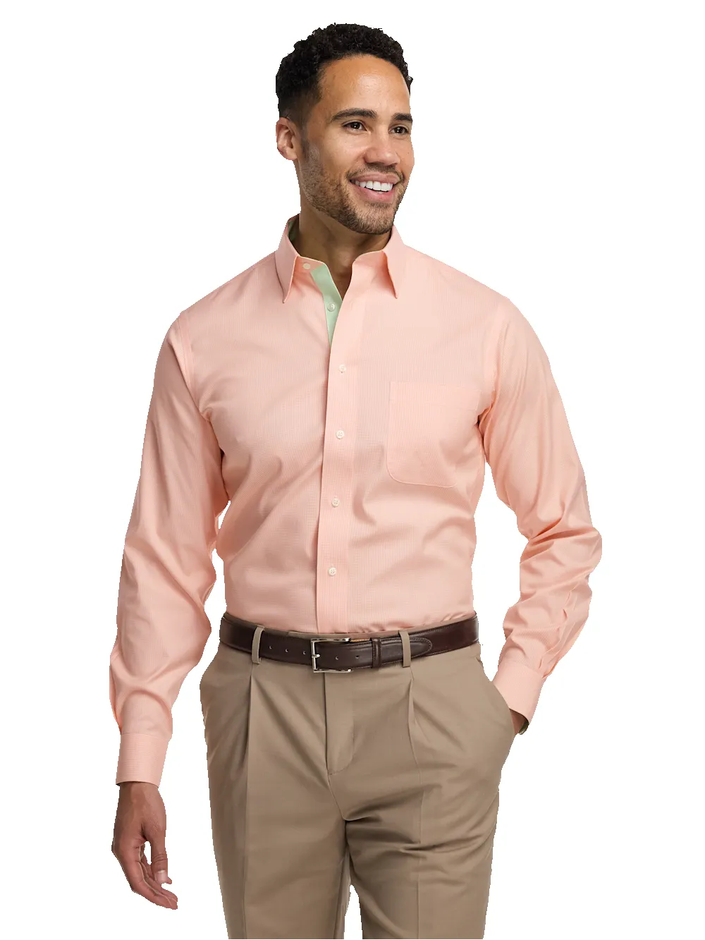 Comfort Stretch Non-Iron Check Dress Shirt With Contrast Trim - Melon sold by Paul Fredrick product image thumbnail 2