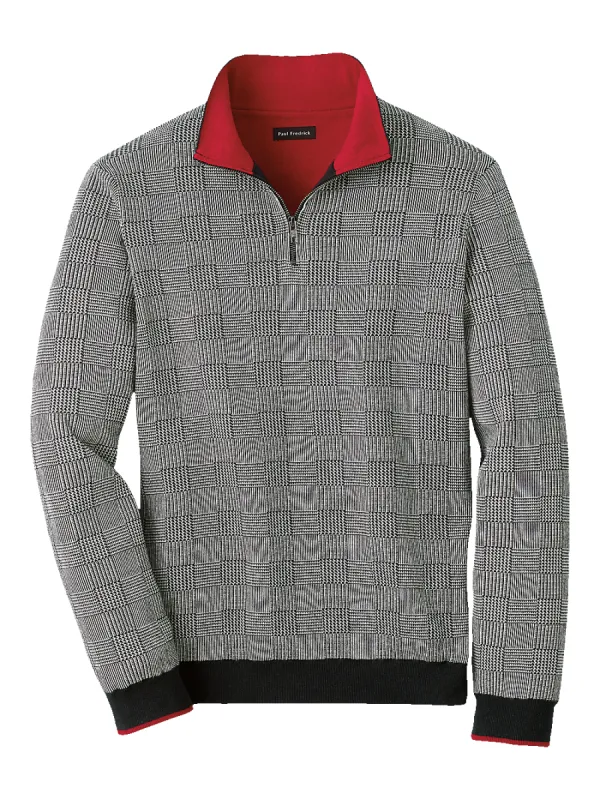 Cotton Quarter Zip Mock Neck Sweater - Black/white Glen Plaid sold by Paul Fredrick