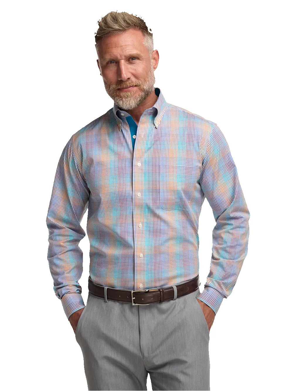Comfort Stretch Non-Iron Tattersall Dress Shirt With Contrast Trim - Multi sold by Paul Fredrick product image thumbnail 2