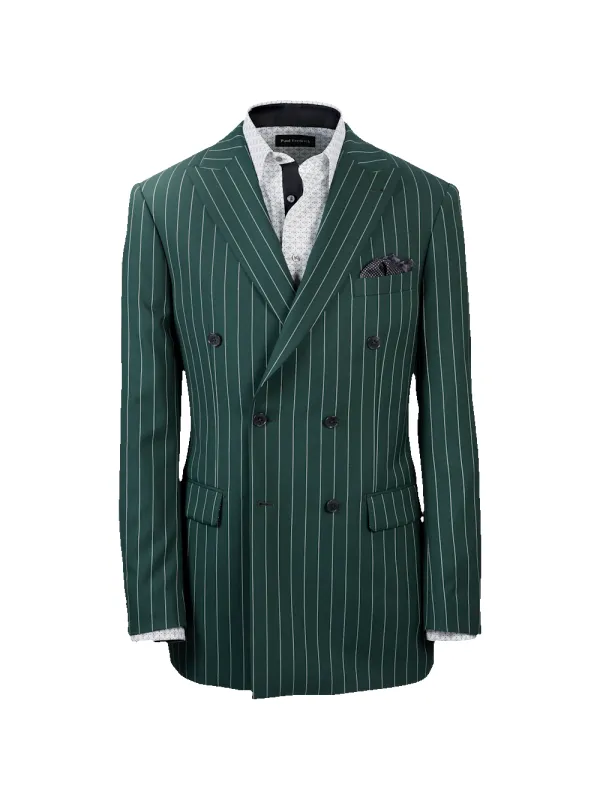 Wool Stretch Stripe Double Breasted Peak Lapel Suit Jacket - Dark Green sold by Paul Fredrick