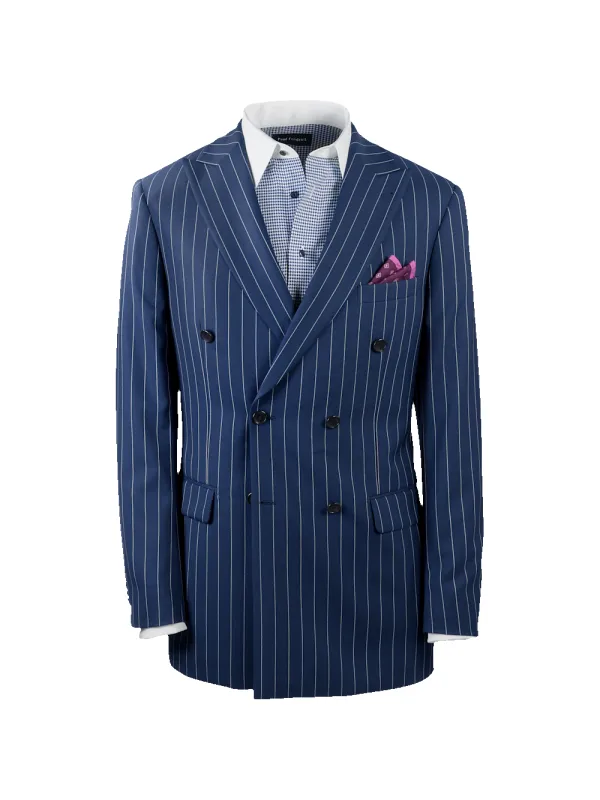 Wool Stretch Stripe Double Breasted Peak Lapel Suit Jacket - Blue sold by Paul Fredrick