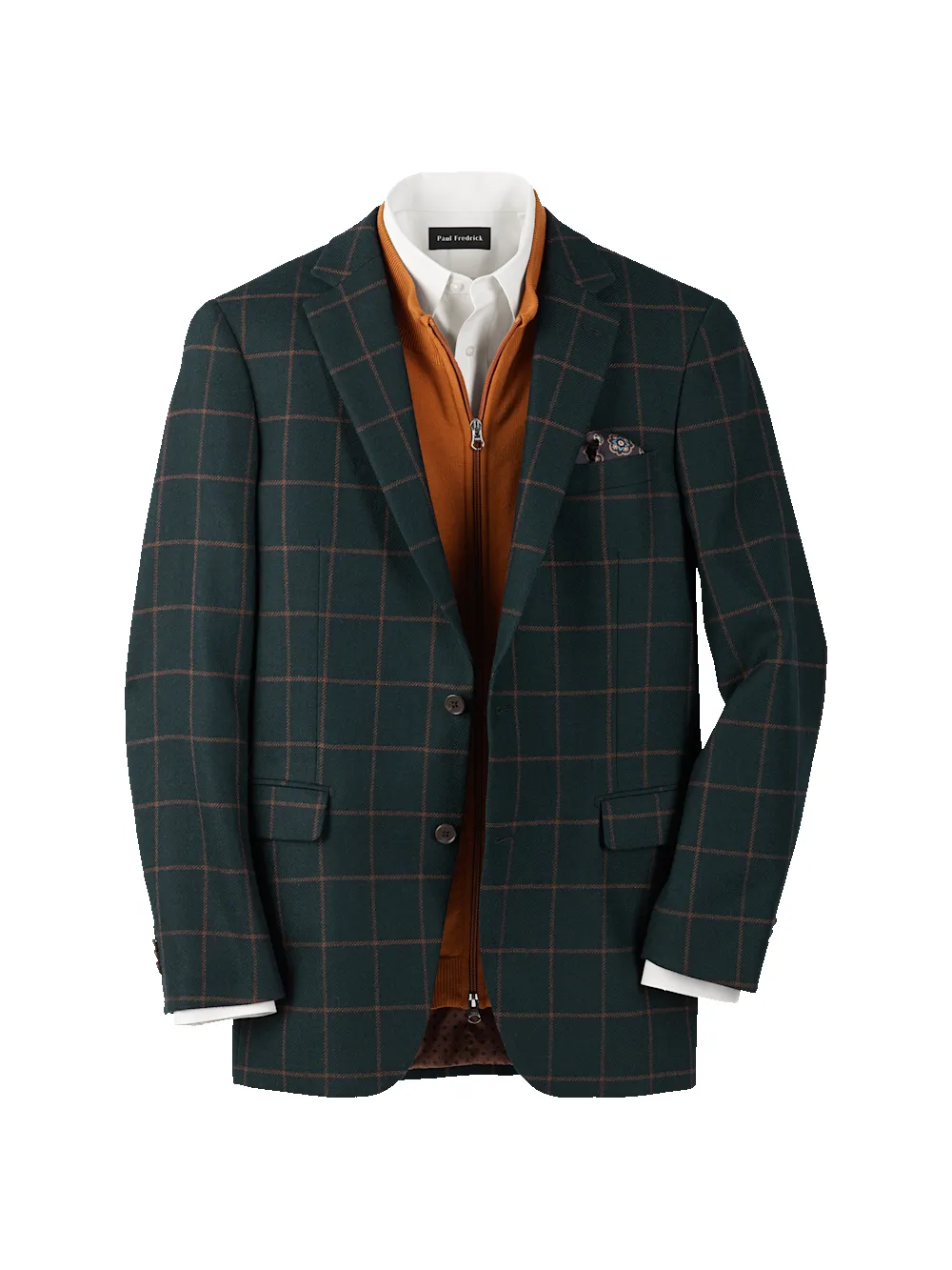 Wool Blend Windowpane Single Breasted Notch Lapel Sport Coat - Dark Green sold by Paul Fredrick