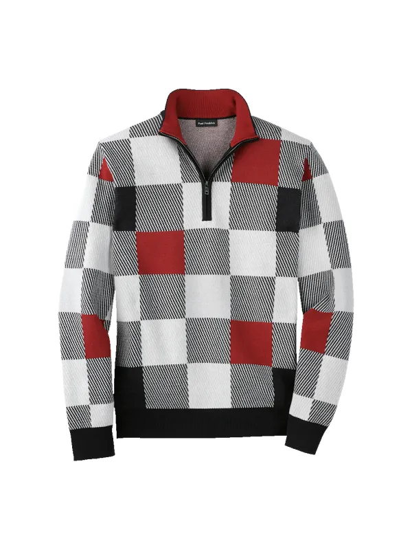 Cotton Quarter Zip Mock Neck Sweater - Burgundy Multi sold by Paul Fredrick