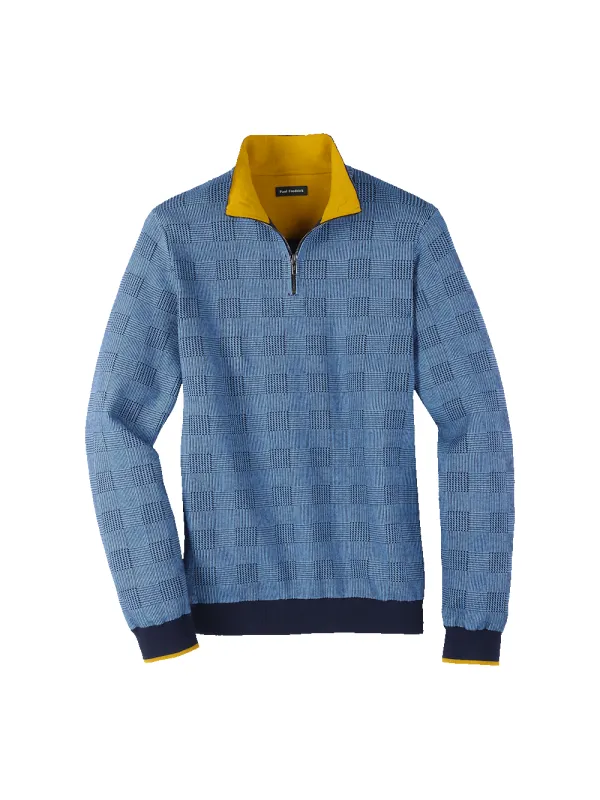 Cotton Quarter Zip Mock Neck Sweater - Blue/gold sold by Paul Fredrick