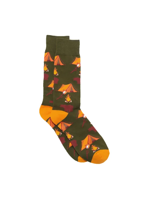 Camping Motif Cotton Blend Sock - Green/orange sold by Paul Fredrick