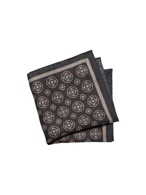 Medallion Silk Pocket Square - Grey Multi sold by Paul Fredrick