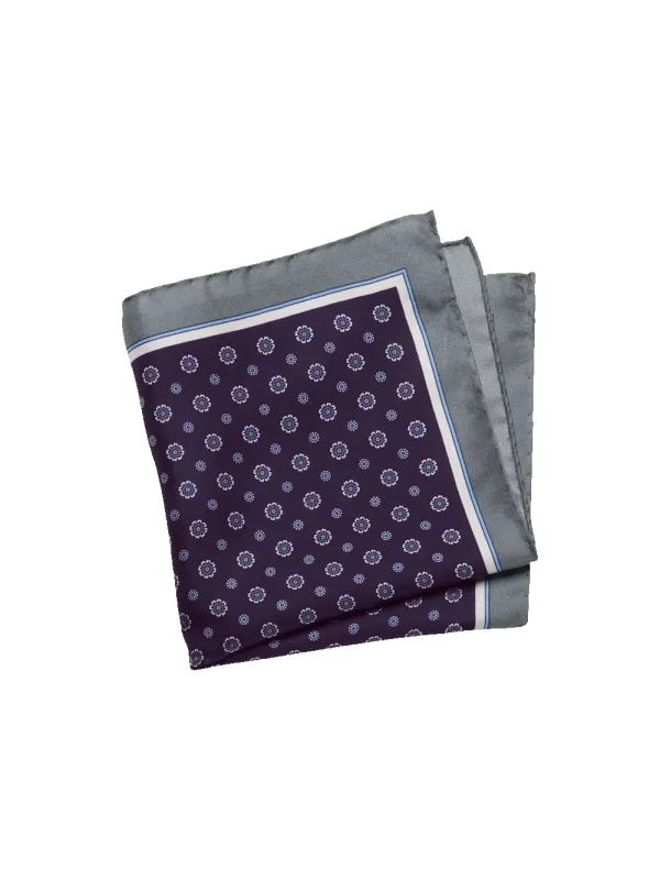 Medallion Silk Pocket Square - Purple/silver sold by Paul Fredrick