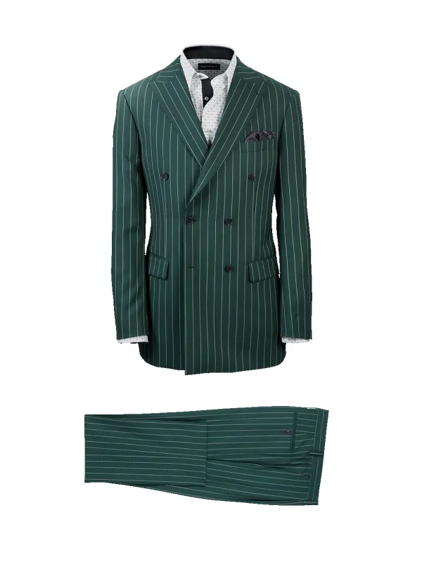 Wool Stretch Stripe Double Breasted Peak Lapel Suit - Dark Green sold by Paul Fredrick