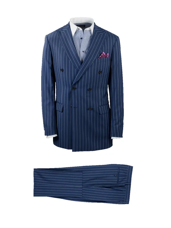 Wool Stretch Stripe Double Breasted Peak Lapel Suit - Blue sold by Paul Fredrick