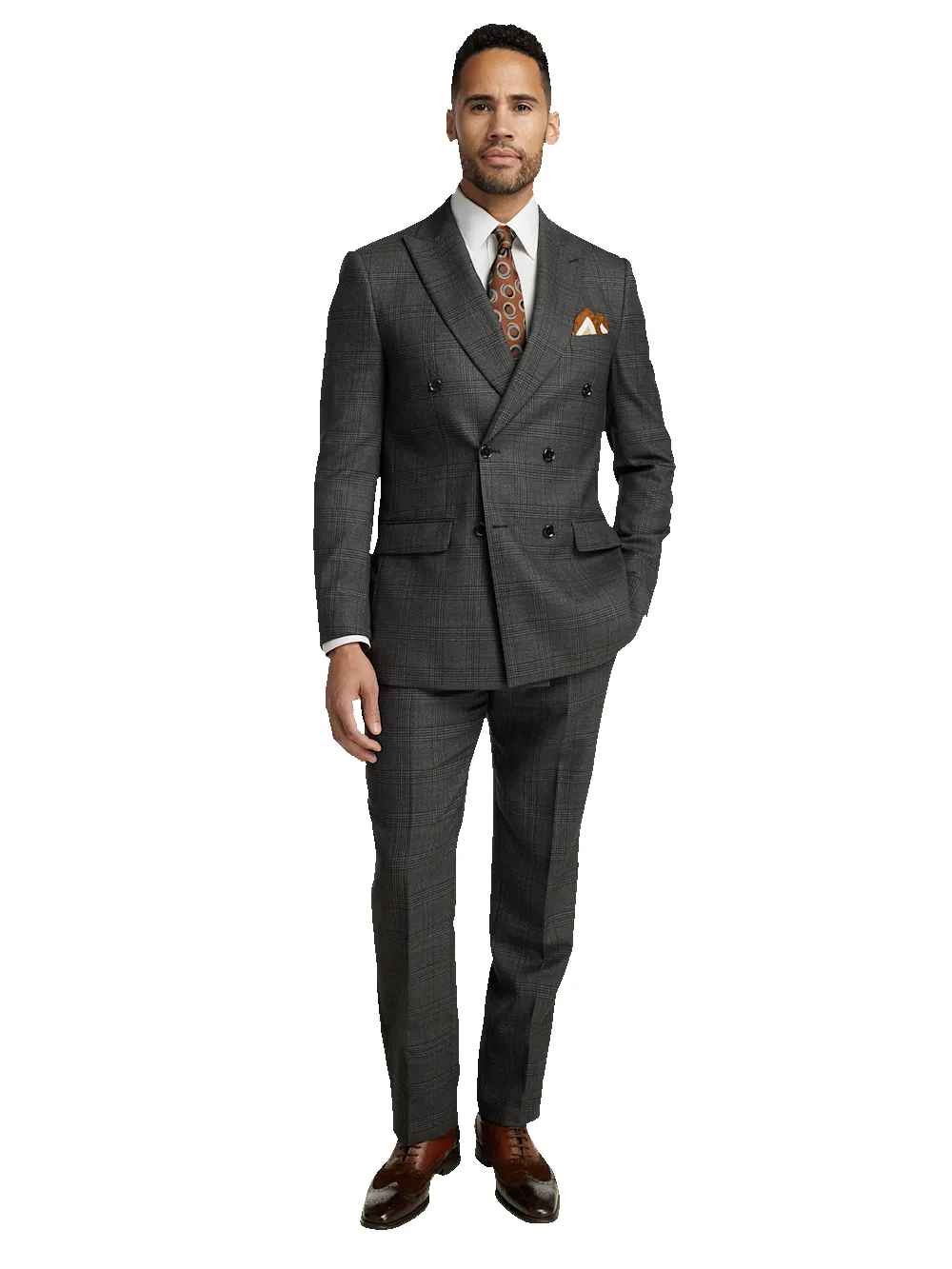 Wool Plaid Double Breasted Peak Lapel Suit - Charcoal sold by Paul Fredrick product image thumbnail 2