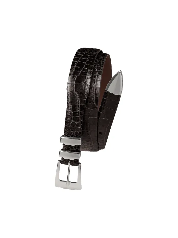 Crocodile Embossed with Metal Keeper & Tip Belt - Dark Brown sold by Paul Fredrick