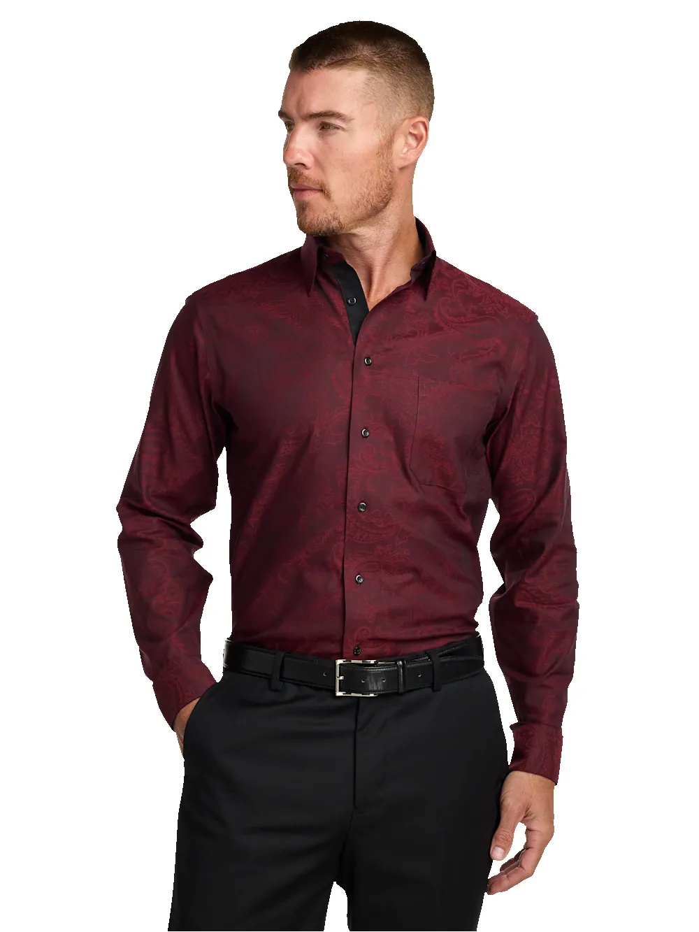 Comfort Stretch Non-Iron Paisley Dress Shirt With Contrast Trim - Burgundy sold by Paul Fredrick product image thumbnail 2