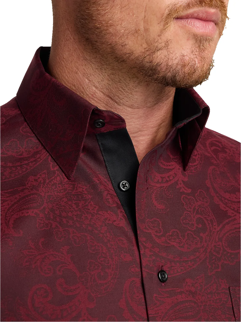Comfort Stretch Non-Iron Paisley Dress Shirt With Contrast Trim - Burgundy sold by Paul Fredrick product image thumbnail 3