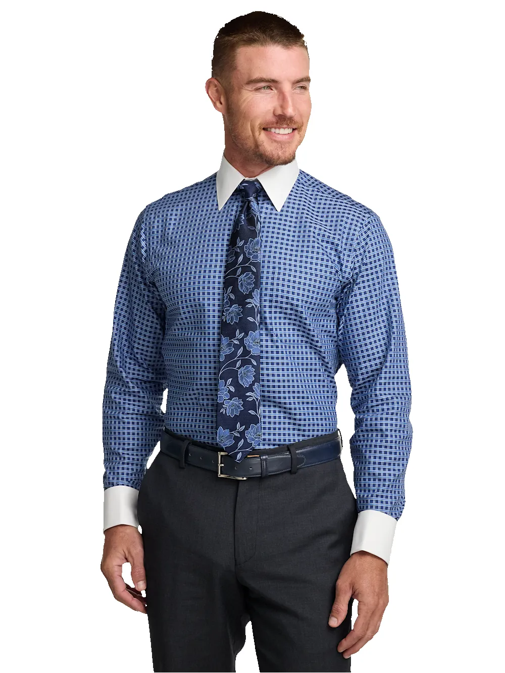 Comfort Stretch Non-Iron Check Dress Shirt - Navy sold by Paul Fredrick product image thumbnail 2