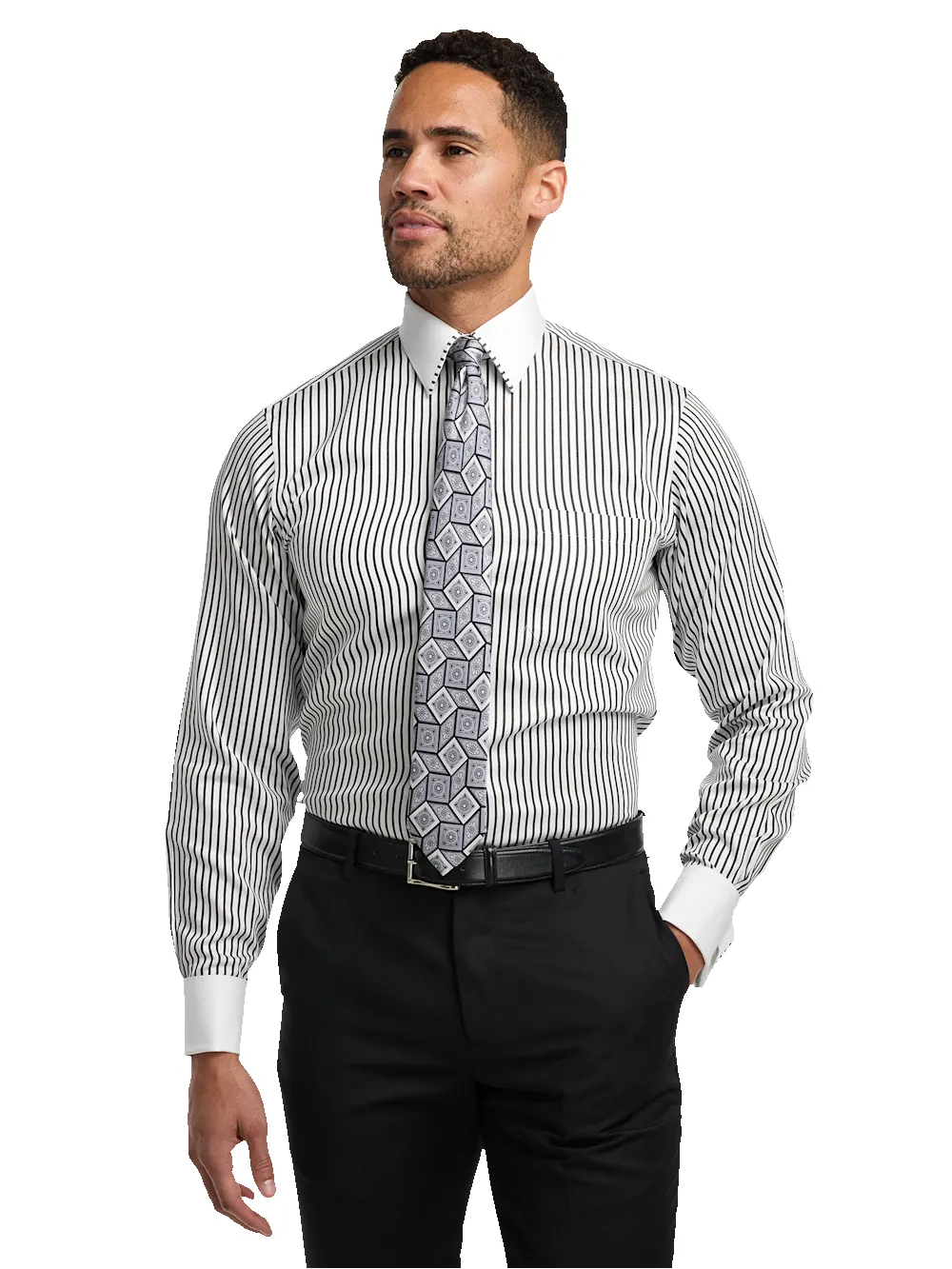 Comfort Stretch Non-Iron Stripe Dress Shirt With Contrast Trim - Black sold by Paul Fredrick product image thumbnail 2
