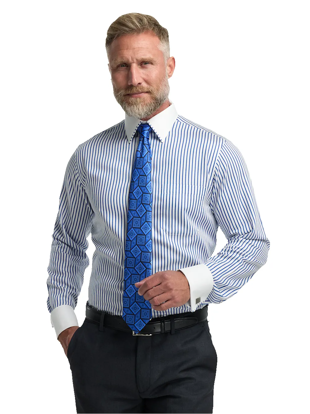Comfort Stretch Non-Iron Stripe Dress Shirt With Contrast Trim - Blue sold by Paul Fredrick product image thumbnail 2