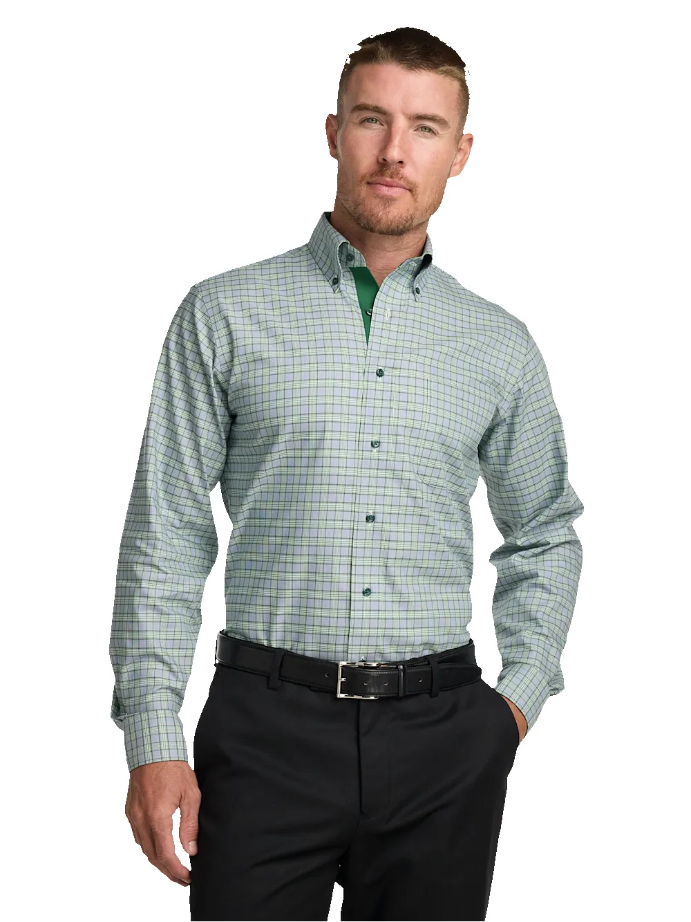 Comfort Stretch Non-Iron Plaid Dress Shirt With Contrast Trim - Green sold by Paul Fredrick product image thumbnail 2