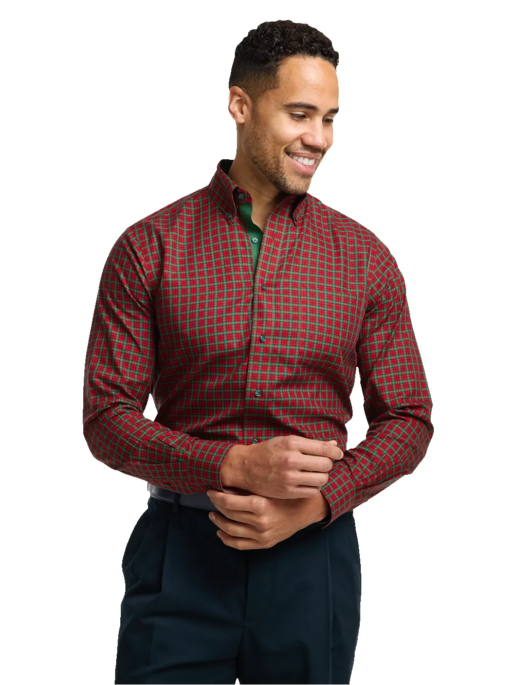 Comfort Stretch Non-Iron Plaid Dress Shirt With Contrast Trim - Red/green sold by Paul Fredrick product image thumbnail 2