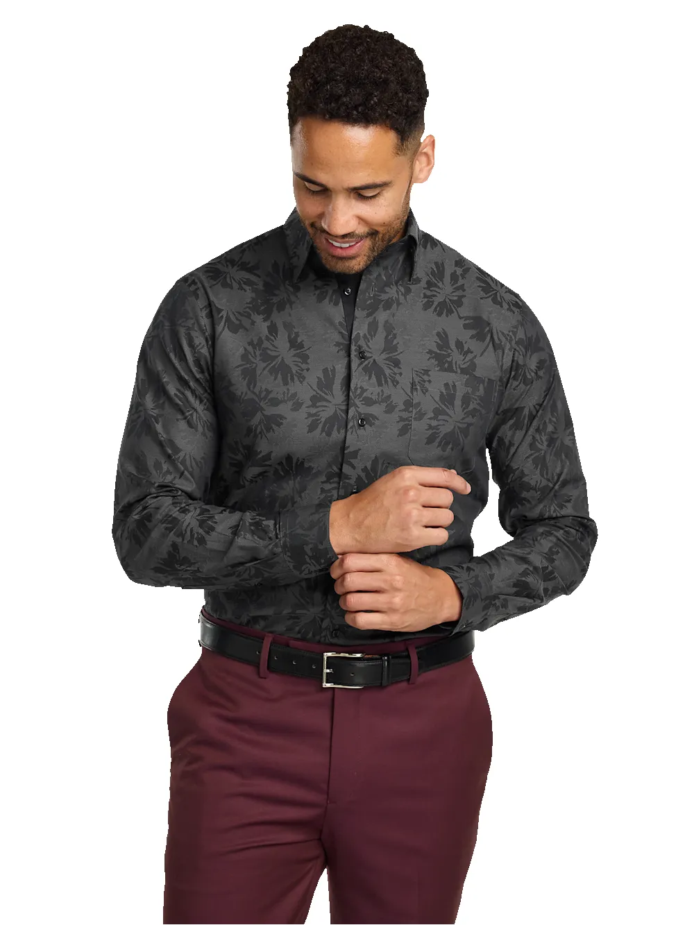 Comfort Stretch Non-Iron Botanical Dress Shirt With Contrast Trim - Charcoal sold by Paul Fredrick product image thumbnail 2