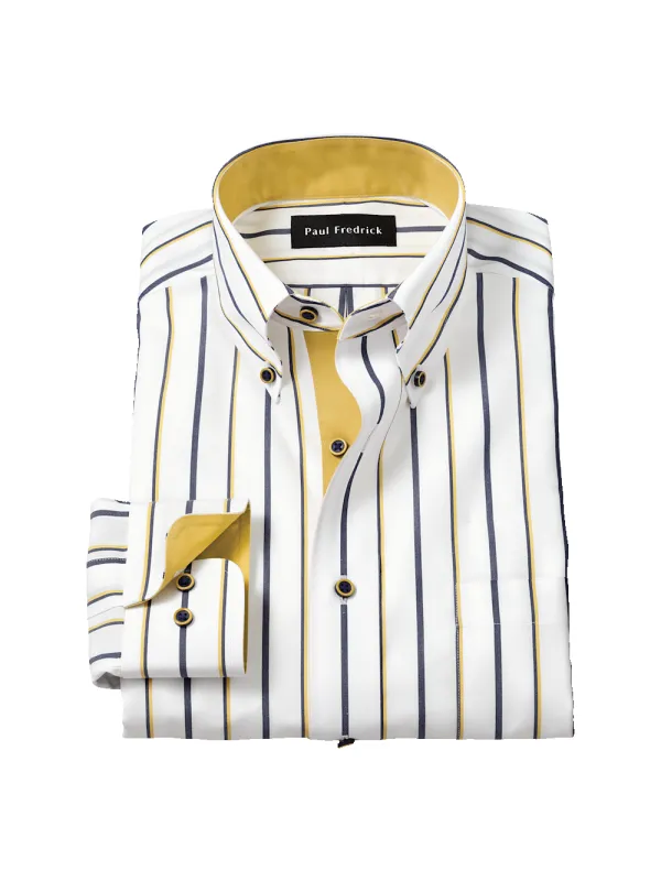 Comfort Stretch Non-Iron Stripe Dress Shirt With Contrast Trim - Navy/gold sold by Paul Fredrick