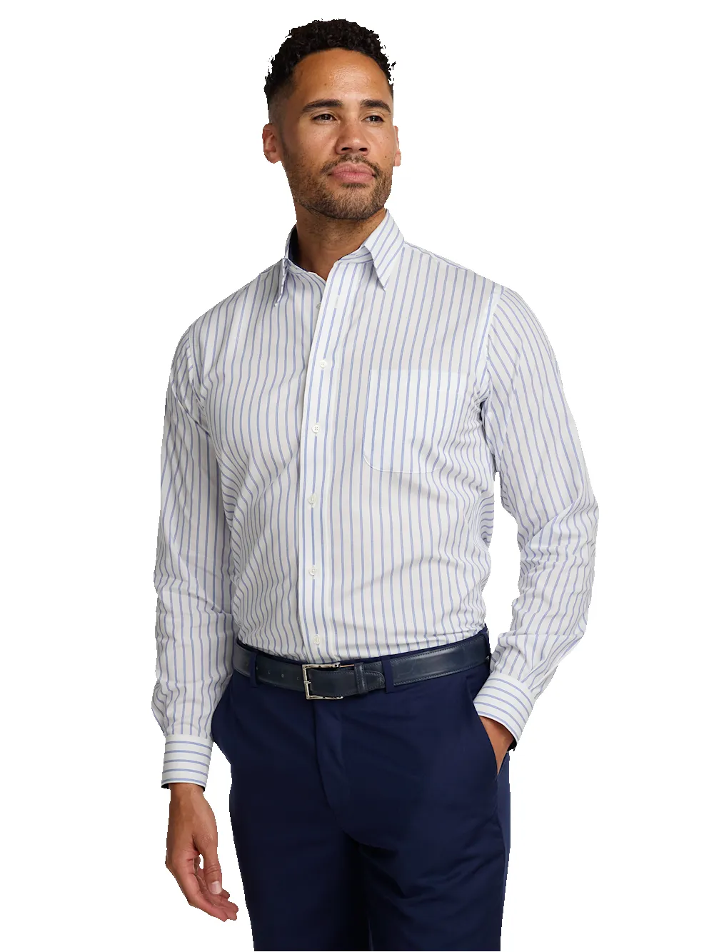 Non-Iron Cotton Stripe Dress Shirt With Contrast Trim - Blue sold by Paul Fredrick product image thumbnail 2