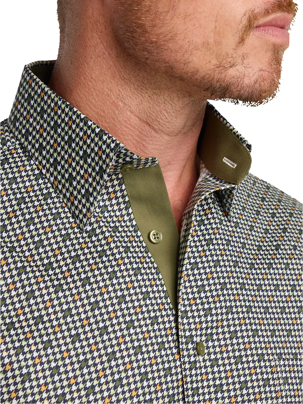 Comfort Stretch Non-Iron Check Dress Shirt With Contrast Trim - Olive Multi sold by Paul Fredrick product image thumbnail 3