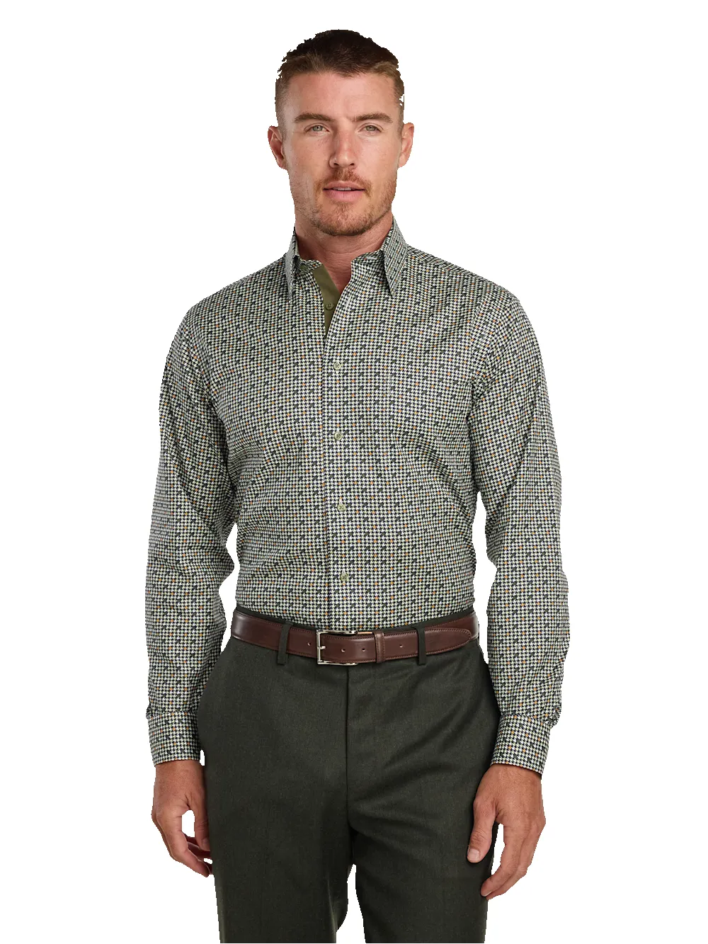 Comfort Stretch Non-Iron Check Dress Shirt With Contrast Trim - Olive Multi sold by Paul Fredrick product image thumbnail 2