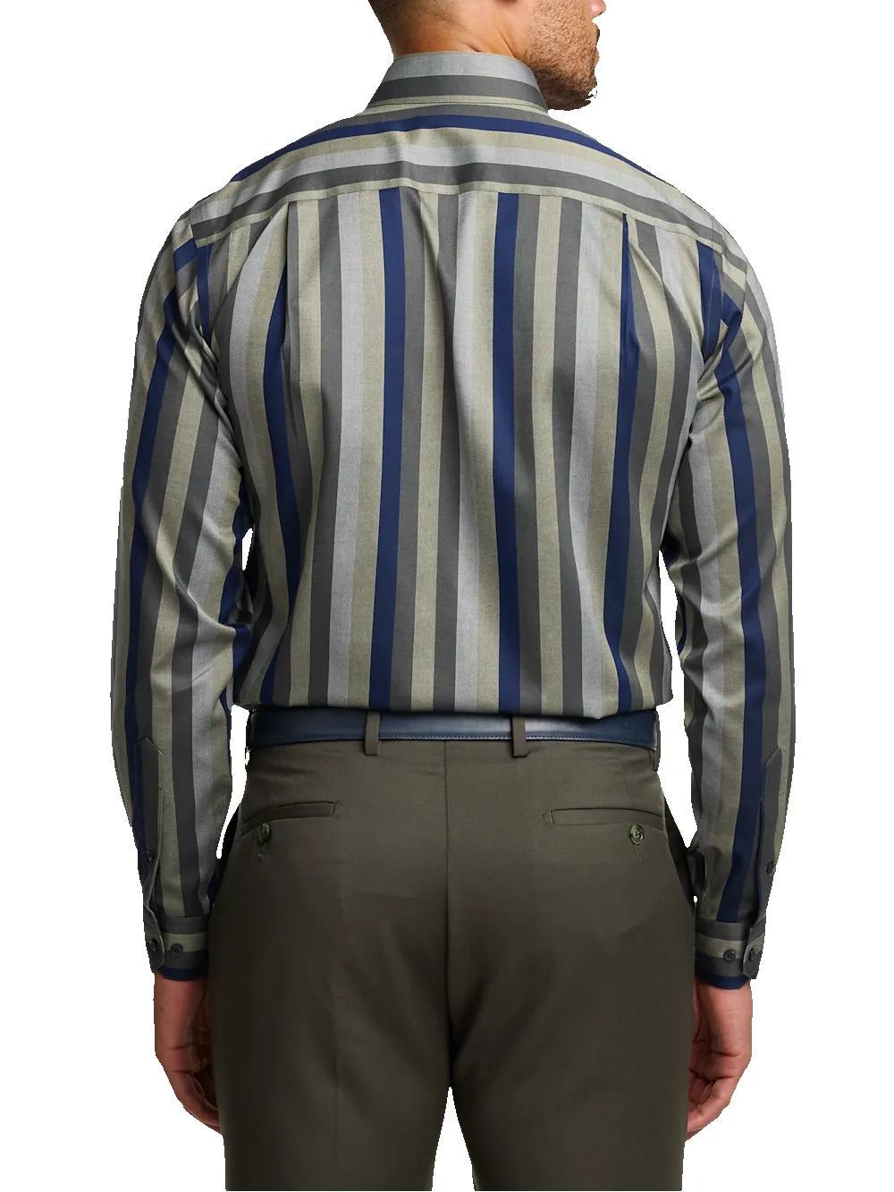 Comfort Stretch Non-Iron Stripe Dress Shirt With Contrast Trim - Olive Multi sold by Paul Fredrick product image thumbnail 5