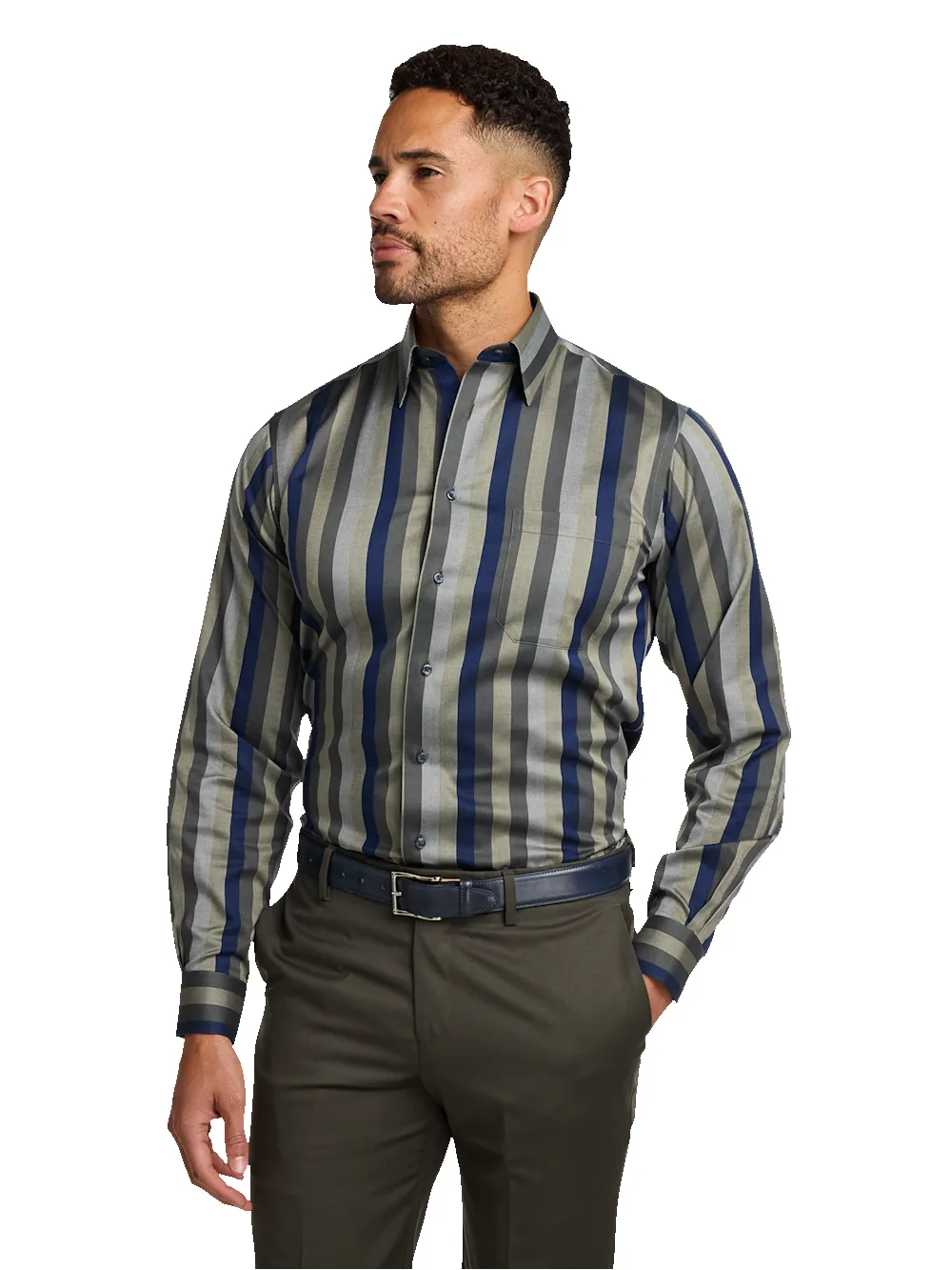 Comfort Stretch Non-Iron Stripe Dress Shirt With Contrast Trim - Olive Multi sold by Paul Fredrick product image thumbnail 2