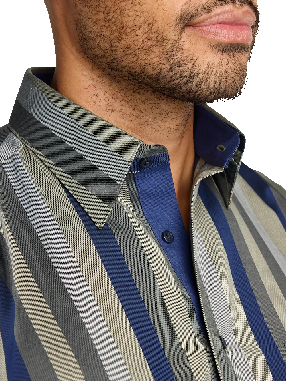 Comfort Stretch Non-Iron Stripe Dress Shirt With Contrast Trim - Olive Multi sold by Paul Fredrick product image thumbnail 3