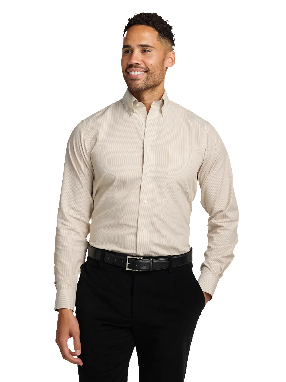 Non-Iron Cotton Stripe Dress Shirt With Contrast Trim - Tan sold by Paul Fredrick product image thumbnail 2