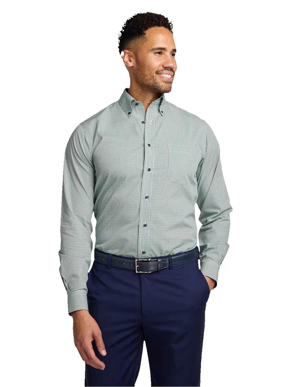 Non-Iron Cotton Check Dress Shirt With Contrast Trim - Green sold by Paul Fredrick product image thumbnail 2