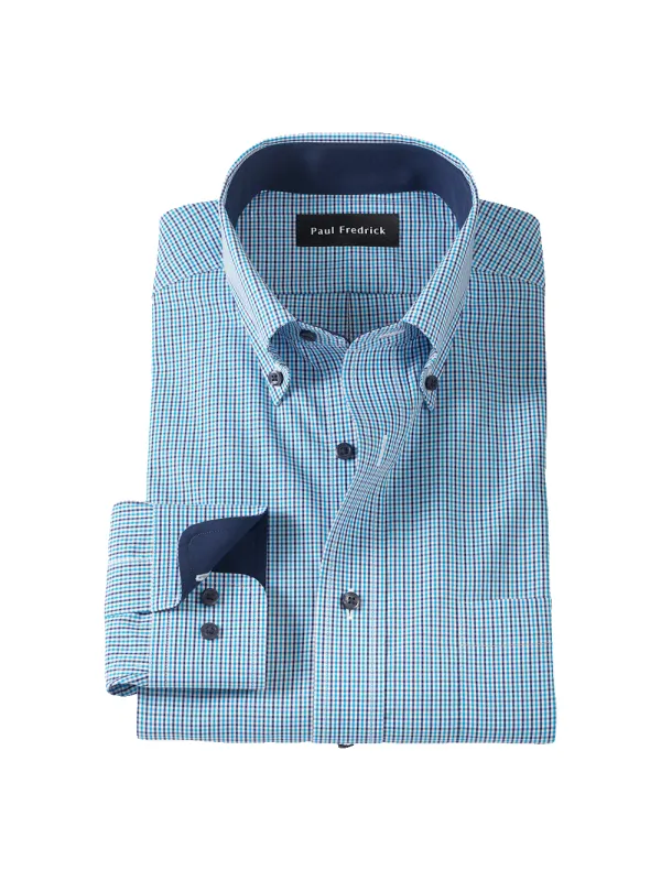Non-Iron Cotton Check Dress Shirt With Contrast Trim - Blue sold by Paul Fredrick