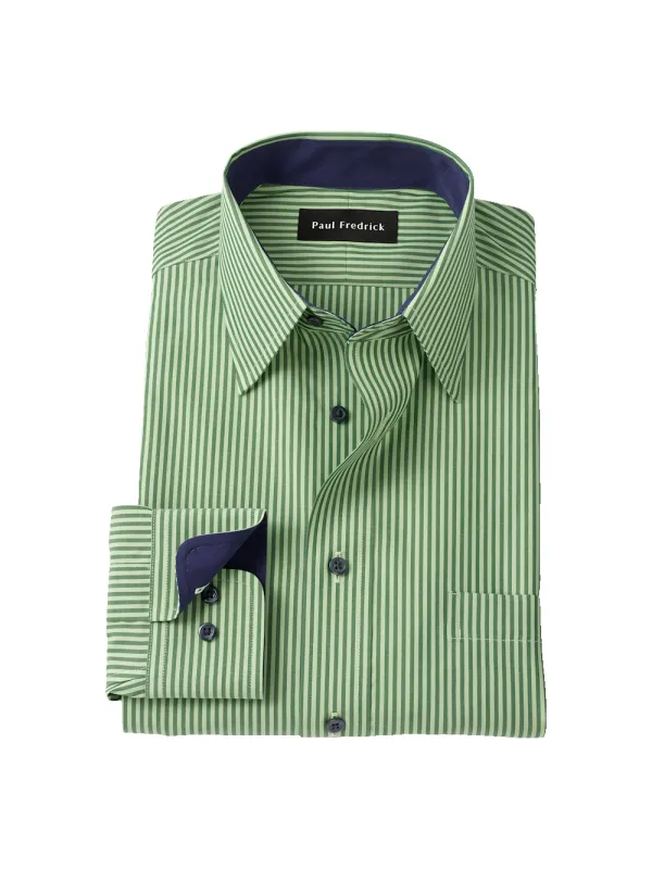 Non-Iron Cotton Stripe Dress Shirt With Contrast Trim - Green sold by Paul Fredrick