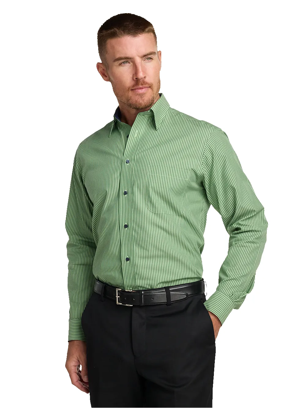 Non-Iron Cotton Stripe Dress Shirt With Contrast Trim - Green sold by Paul Fredrick product image thumbnail 2
