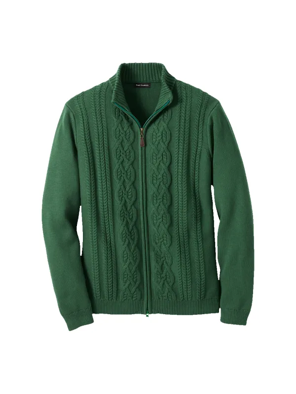Cotton Cable Full Zip Mock Neck Sweater - Green sold by Paul Fredrick