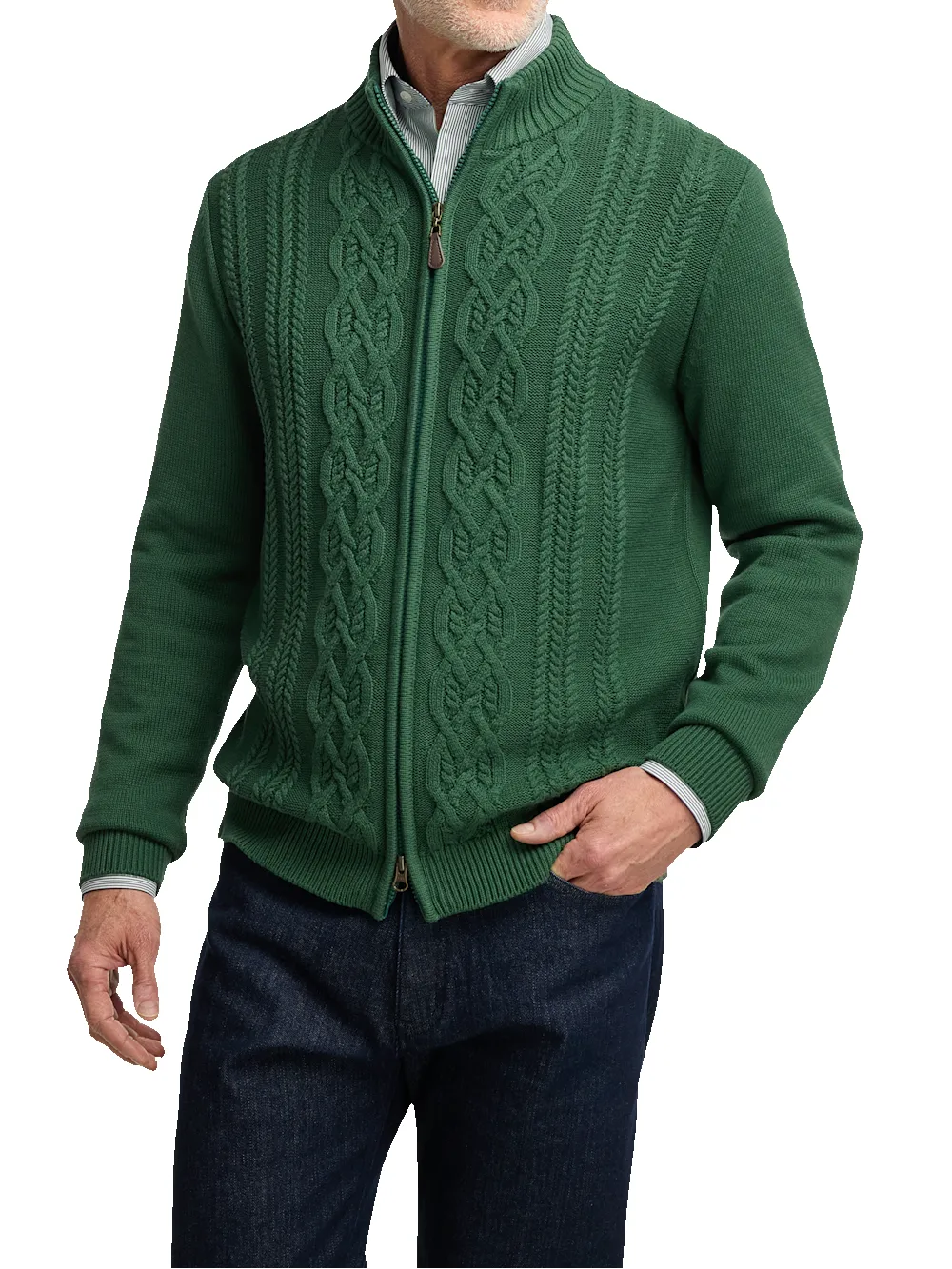 Cotton Cable Full Zip Mock Neck Sweater - Green sold by Paul Fredrick product image thumbnail 2