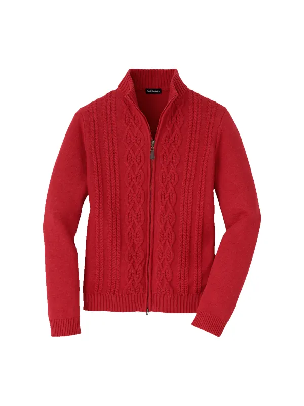 Cotton Cable Full Zip Mock Neck Sweater - Red sold by Paul Fredrick