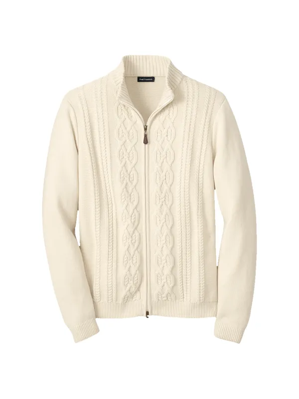 Cotton Cable Full Zip Mock Neck Sweater - Ivory sold by Paul Fredrick