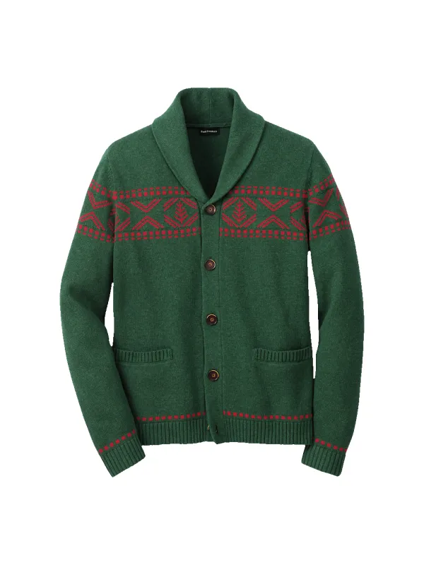 Cotton Button Front Fair Isle Shawl Collar Cardigan Sweater - Green sold by Paul Fredrick