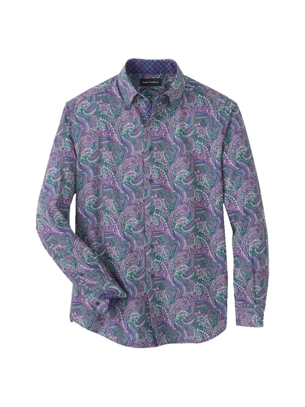 Performance Stretch Paisley Casual Shirt - Purple/olive sold by Paul Fredrick