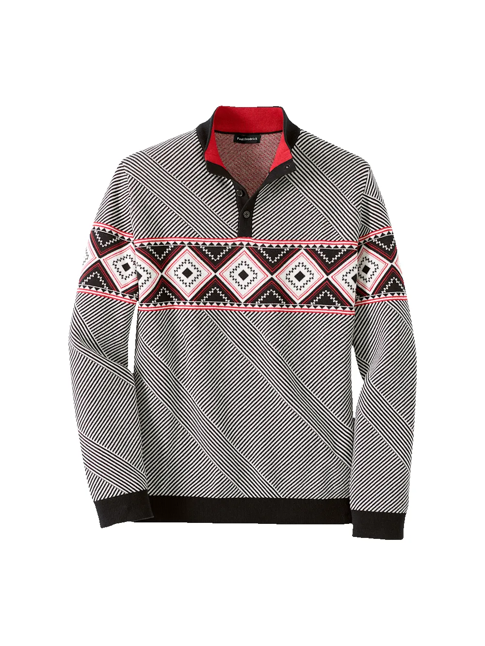 Cotton 4-button Mock Neck Sweater - Black/red sold by Paul Fredrick