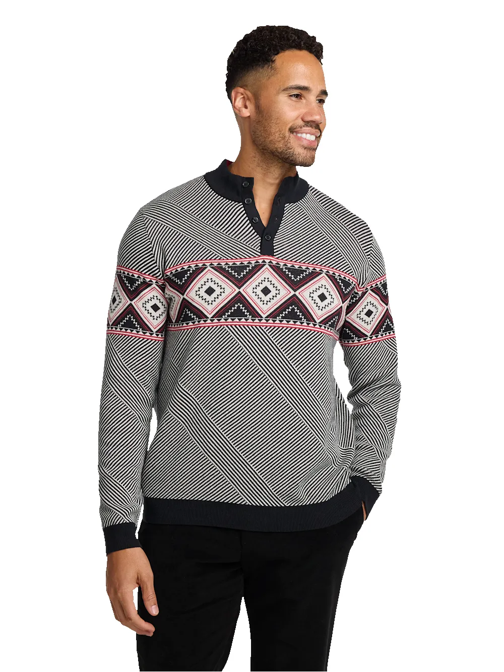Cotton 4-button Mock Neck Sweater - Black/red sold by Paul Fredrick product image thumbnail 2